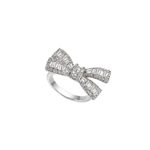 Sparkling zircon bow open ring with baguette cut stones in a polished silver finish