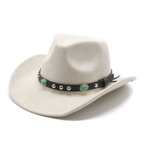 Chapeau de cowboy western crème avec bande en cuir cloutée et détails en turquoise