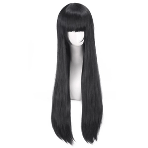 Detail of 80cm long straight black cosplay wig with neat bangs on a mannequin head