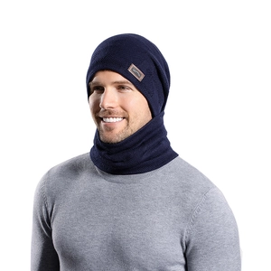 Men's navy blue winter knitted beanie hat and neck warmer snood set with fleece lining