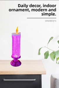 Detail of purple crystal LED candle with bubble texture and warm flame-shaped glow