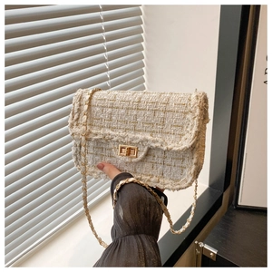 Close-up of elegant tweed crossbody bag with gold metal clasp and chain strap detail