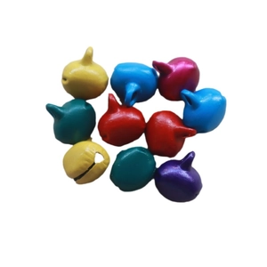 Colorful metal bells set for pet toys and DIY crafts with glossy finish on white background
