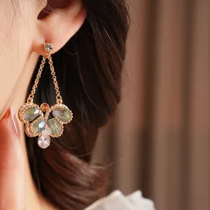 Vintage water drop butterfly earrings with colorful crystals and gold chain tassels