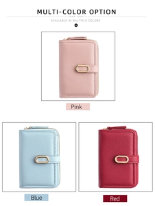Detailansicht der Damen-Geldbörsen in Pink, Blau und Rot mit ovalen Metallschnallen