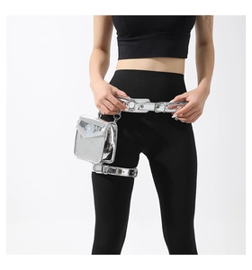 Detail view of silver metallic leg-strap mini bag with adjustable sports utility belt