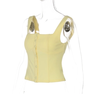 Detail of light yellow slim fit tank top with square neck and button front design