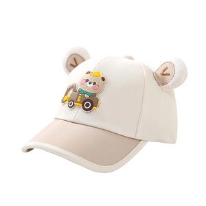 Kids baseball cap with plush ears and bear excavator patch in beige and brown colors