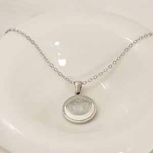 Silver stainless steel priest pendant necklace with crescent mop and embossed 1850 detail