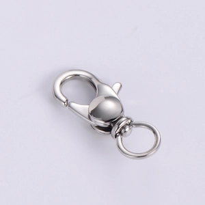 Close-up of a polished silver lobster clasp with a 360-degree swivel ring connector