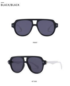 Front and 45-degree angle views of black oversized aviator sunglasses with gradient lenses