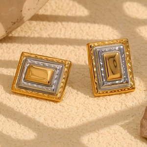 Geometric Rectangular Stud Earrings Stainless Steel 18K Gold Plated Two-Tone Picture Frame Retro Style For Women