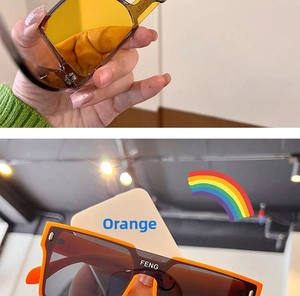 Close-up of trendy square orange sunglasses featuring high-quality PC frames with letter accents