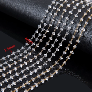 Copper DIY jewelry chain with 1.5mm and 4mm clear faceted crystal beads in gold and silver
