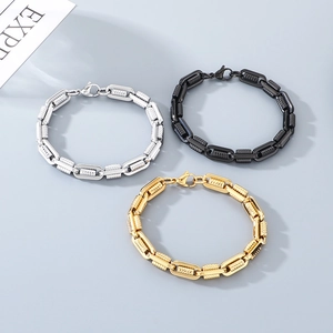 Industrial style titanium steel men's chain bracelets in gold, silver, and black finishes