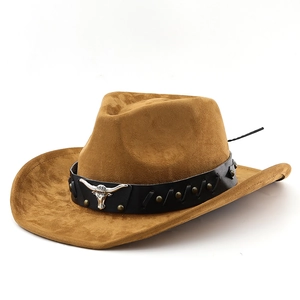 Detail of western cowboy hat featuring vintage bull head metal emblem and leather band