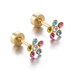 Detail of colorful flower stud earrings with screw-back design and sparkling crystals