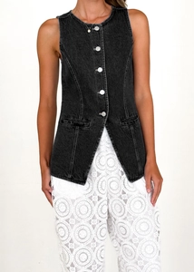 Detail of vintage black sleeveless denim vest with crew neck and front metal buttons