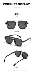 Detailed views of black TR90 square frame sunglasses with polarized lenses and double bridge