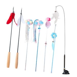 Durable steel wire cat feather wand set with suction cup base in various colors