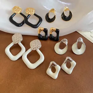 Geometrische Quadratische Ohrhänger Legierung Emaille Mit 925 Sterling Silber Ohrstecker Vintage Struktur Damen Schmuck