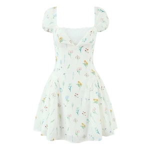 Minikleid Mit Blumendruck Französischer Stil Quadratischer Ausschnitt Verpuffte Ärmel Hohe Taille Spitze Süß Pastoral Damen