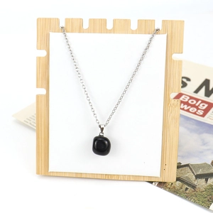 Natural black agate gemstone square pendant on a slim silver chain necklace