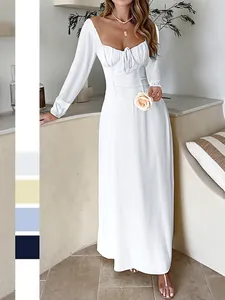Square Neck Maxi Dress Long Sleeve Front Tie Back Lace Up Solid Color Elegant A-Line Polyester Spandex Women