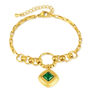 French vintage gold plated bracelet with square links and emerald zircon diamond pendant