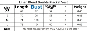 Detailed sizing chart for linen blend double-breasted vest and trousers outfit set
