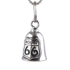 Vintage stainless steel Route 66 motorcycle guardian bell pendant on a silver chain