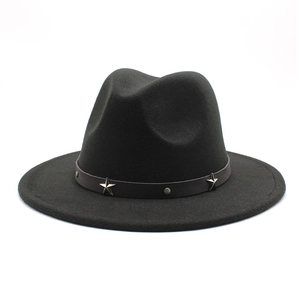 Classic black wool fedora hat featuring a leather band with silver star and round studs