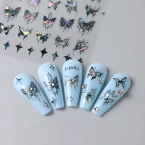 Macro view of 3D laser silver butterfly nail stickers with holographic effect