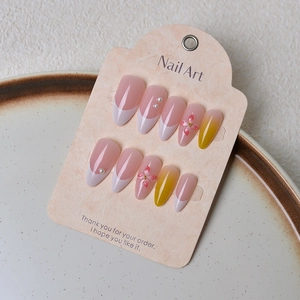 3D floral gradient press-on nails with pearls in elegant long almond shape, 24pc set