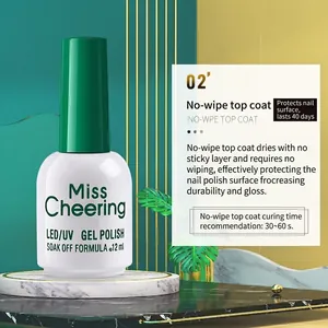 Miss Cheering 12ml no-wipe top coat gel polish on marble stand for 40-day long-wear