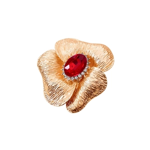 Vintage gold flower brooch with red crystal center and diamond accents for women