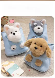 Plush puppies in small blue bags featuring Schnauzer and Teddy designs for kids