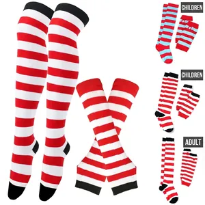 Striped over-knee socks and arm warmer set for kids and adults in festive colors