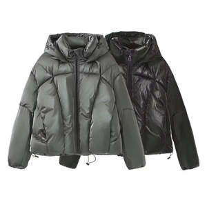 Metallic hooded puffer jackets in olive green and black, quilted design for winter warmth