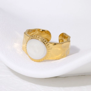 Vintage 18K gold plated titanium ring with hammer texture and white enamel inlay