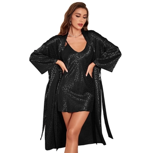 Women's black faux silk pajama set with leopard jacquard pattern, robe and slip dress