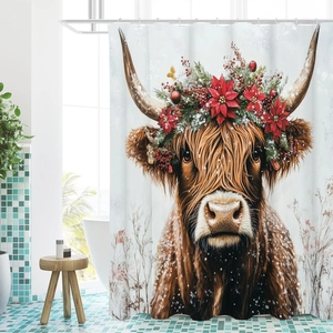Close-up of a festive Highland cow print on a waterproof Christmas polyester shower curtain