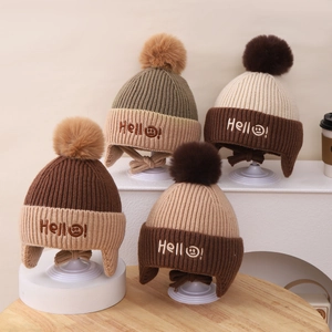 Kids Winter Knitted Hat Scarf Set Thick Warm Ear Protection Pom Pom Hello Smile Embroidery For Children Boys Girls