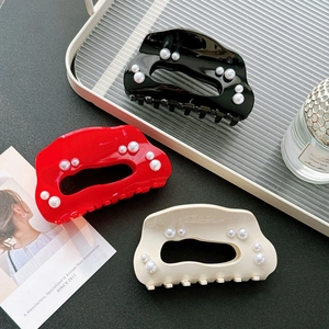 Elegant large acetic acid cloud hair clips with pearls in black, red, and beige colors
