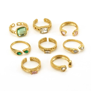 Set of 8 gold stainless steel rings with colorful zircon stones in vintage geometric designs