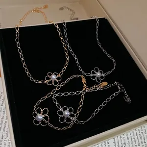 Hollow Flower Artificial Pearl Pendant Necklace And Bracelet Jewelry Set Copper Minimalist Korean Style For Women