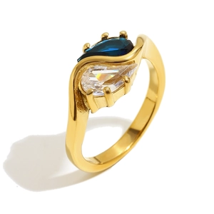 18K gold plated stainless steel ring with teardrop blue and clear zircon stones