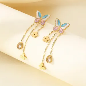 Butterfly Tassel Drop Earrings Enamel Gradient Stainless Steel With Waterdrop Zircon Sweet Jewelry For Women