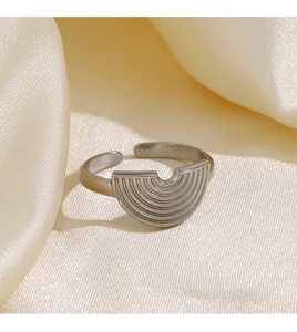 Detail shot of silver geometric stainless steel ring with five semi-circular grooves