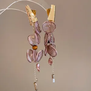 Chiffon floral tassel earrings with golden hammered metal and irregular pearl charms